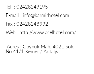 Asel Hotel iletiim bilgileri